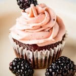 Chocolate cupcake piped with blackberry buttercream and topped with a fresh blackberry.