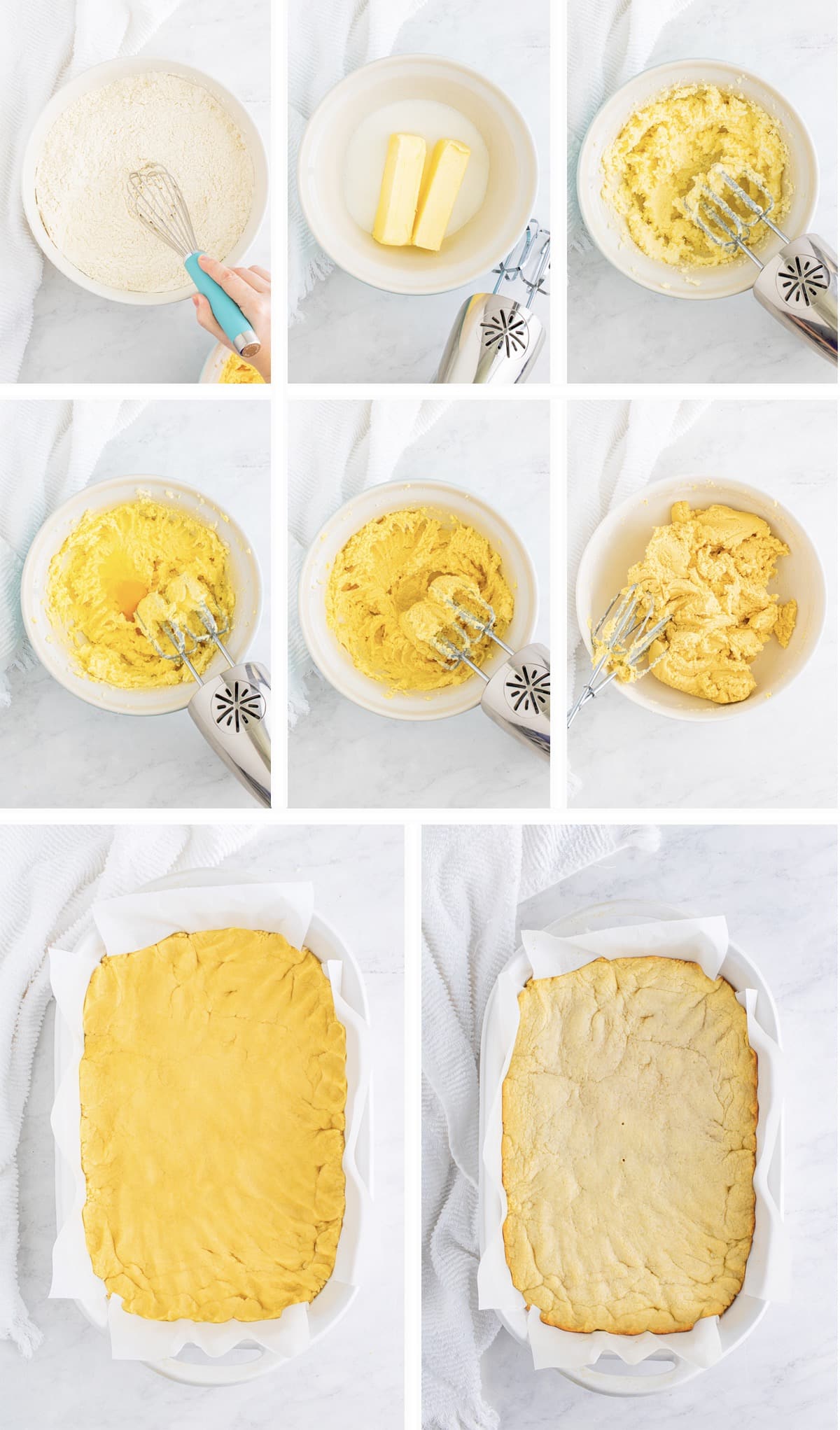 Overhead collage of images showing how to make the dough and bake off the cookie for frosted sugar cookie bars