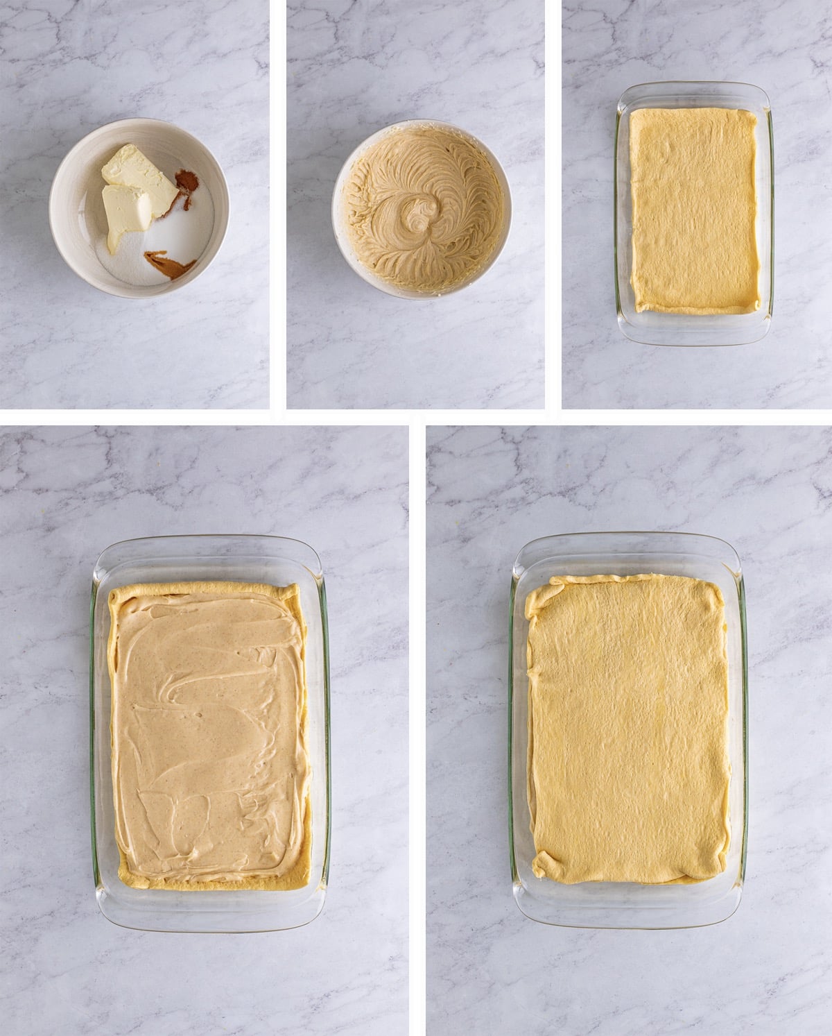 Overhead collage of images showing how to make the first steps of our sopapilla cheesecake bars recipe