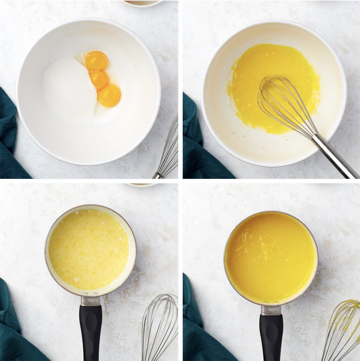 Collage of steps to make lemon curd for mini lemon meringue pies