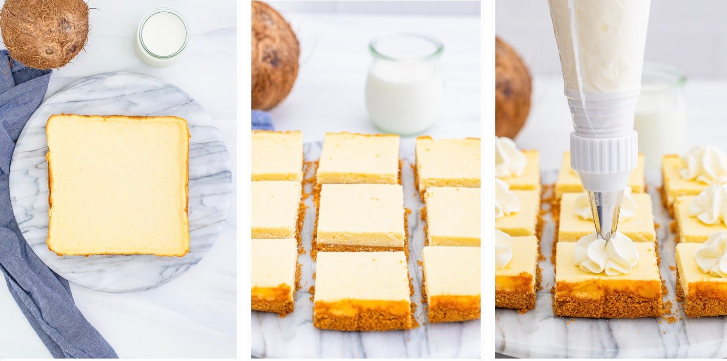 collage of images showing the final step to make coconut cheesecake