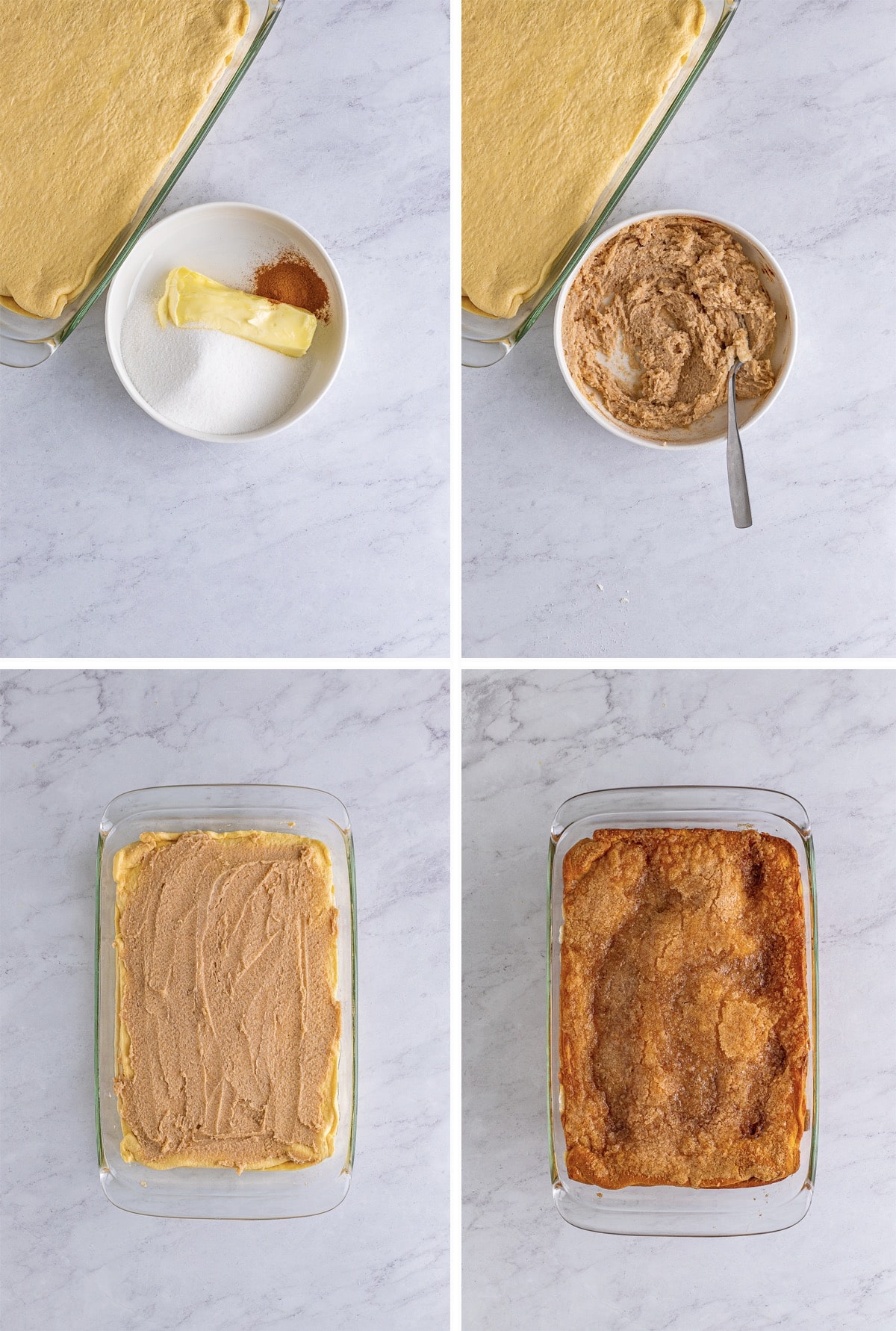 Collage of overhead images showing how to prepare the final steps of sopapilla cheesecake bars recipe