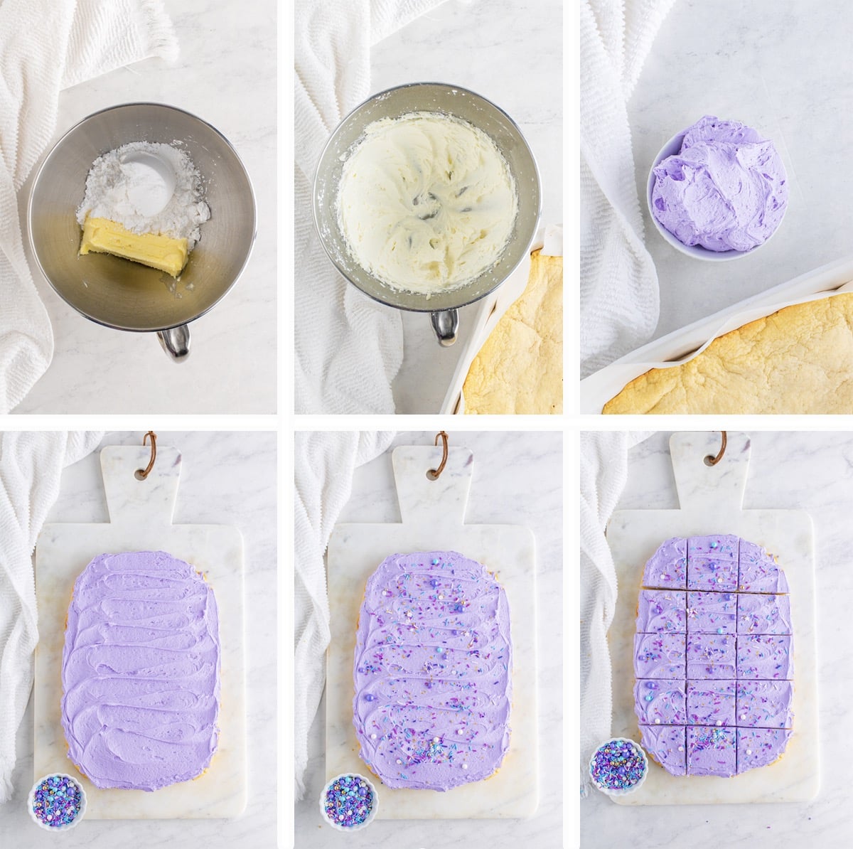 Overhead collage of images showing how to make the frosting and final steps of frosted sugar cookie bars