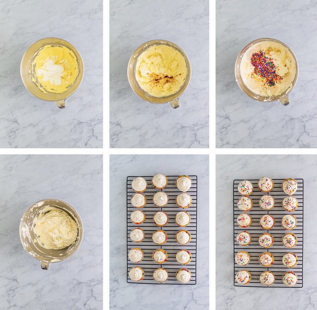 Overhead collage of images showing how to make the frosting and frost funfetti cupcakes