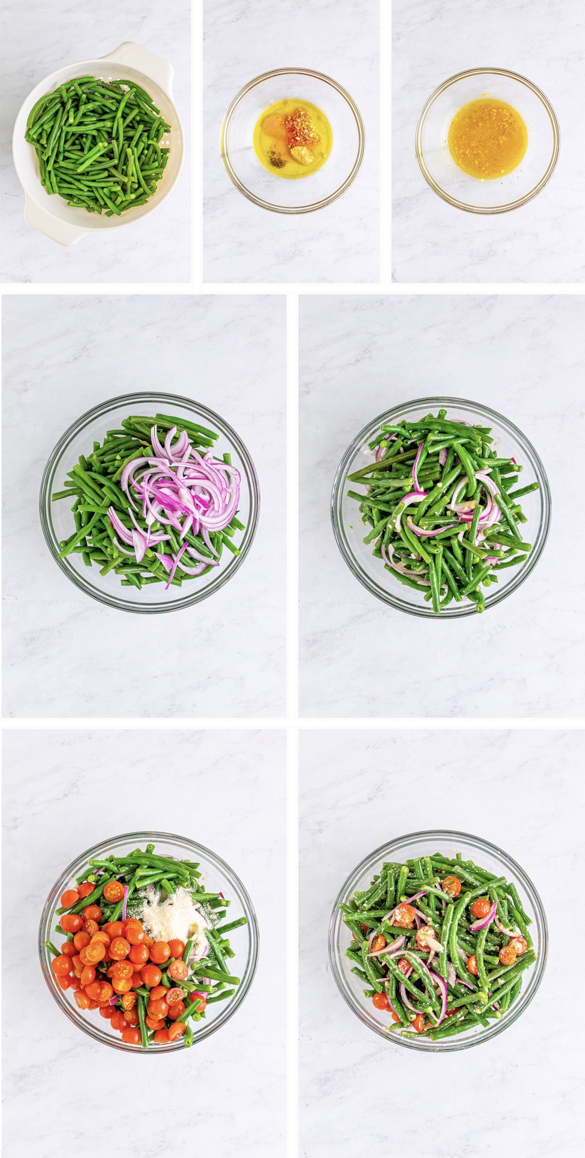 Overhead collage of images showing how to make cold green bean salad