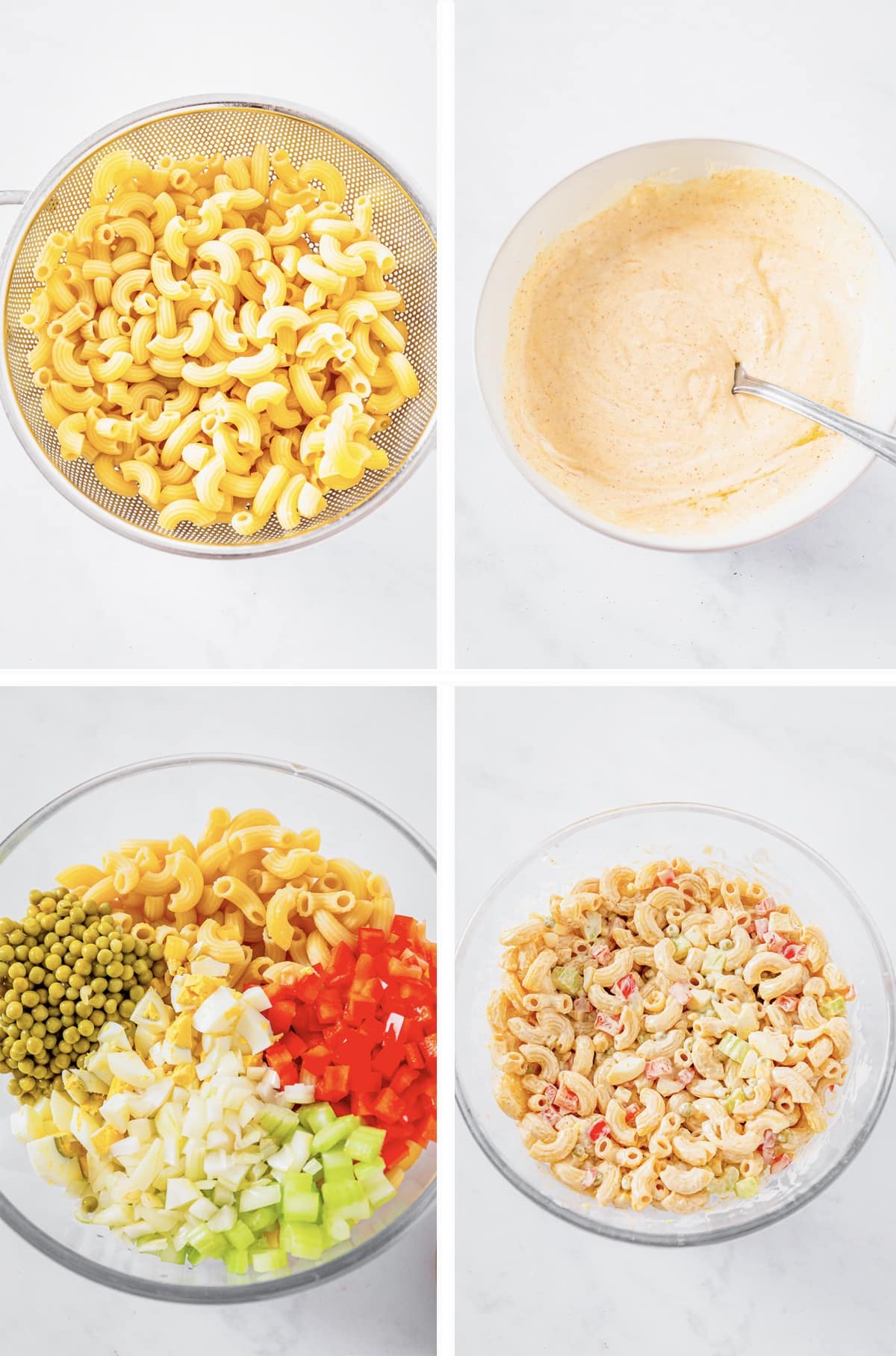 Overhead collage of images showing how to make macaroni salad with peas