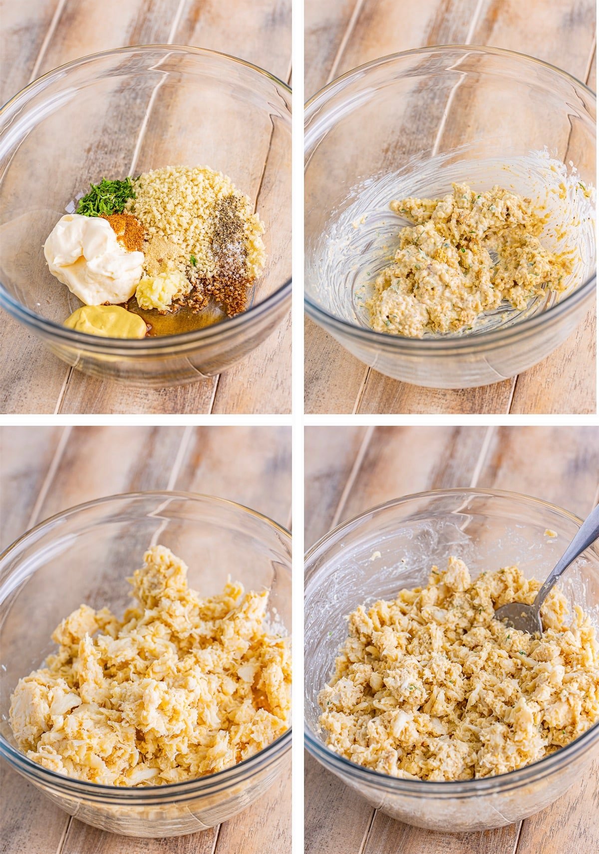 Collage of images showing how to make the crab meat mixture for lump crab cakes sandwich