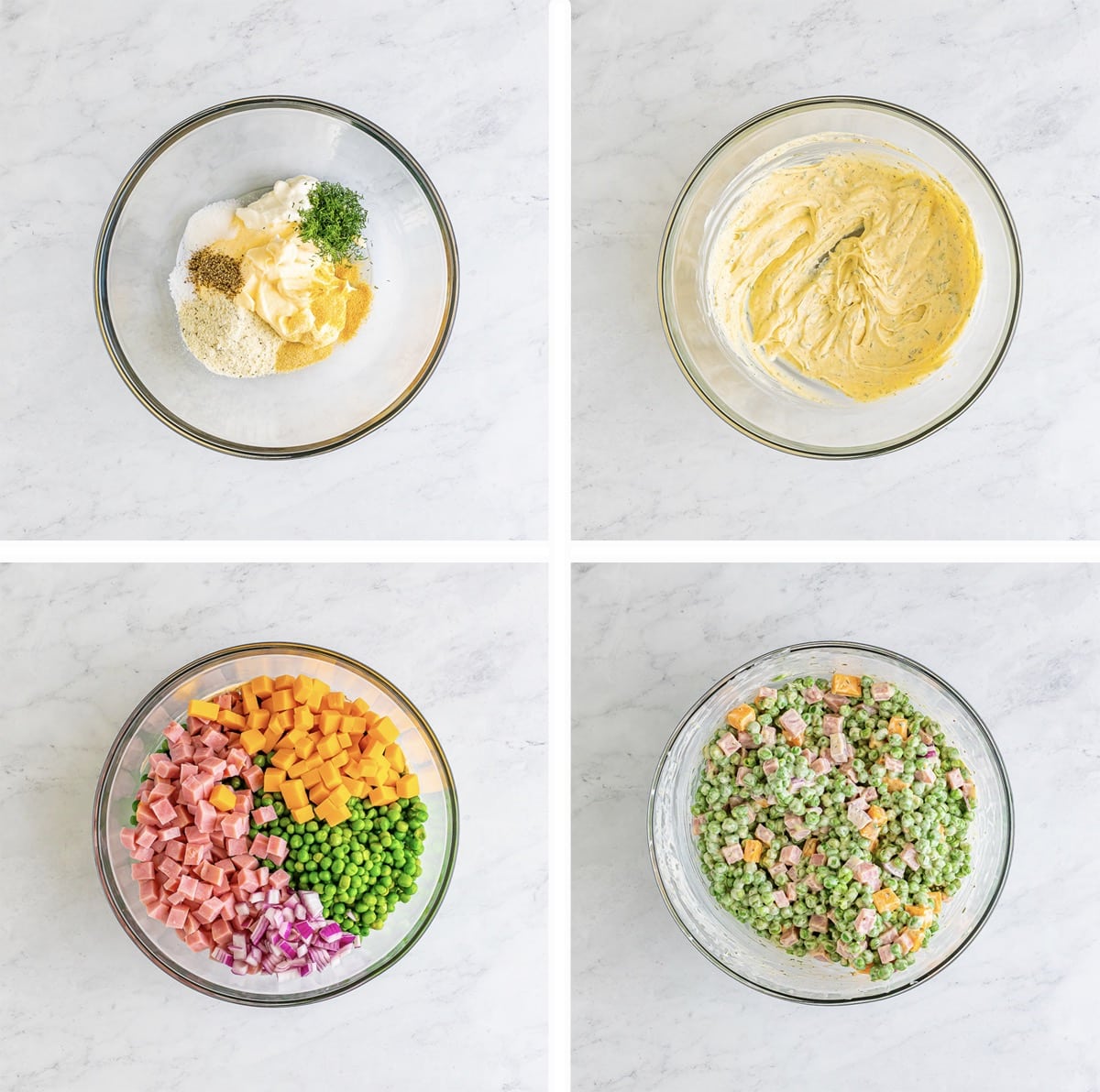 overhead collage of images showing how to make green pea salad