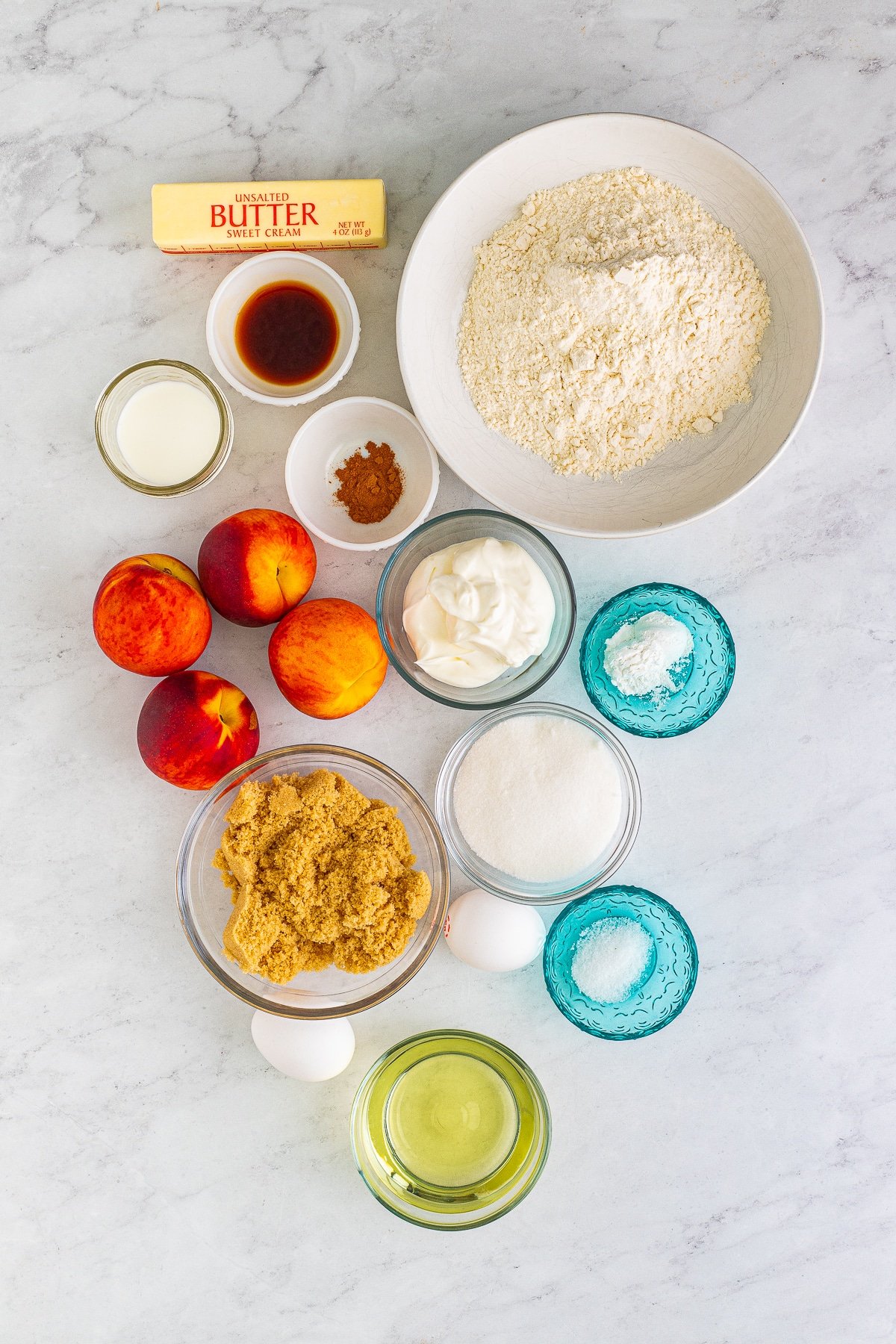 overhead image of ingredients needed to make peach muffins recipe