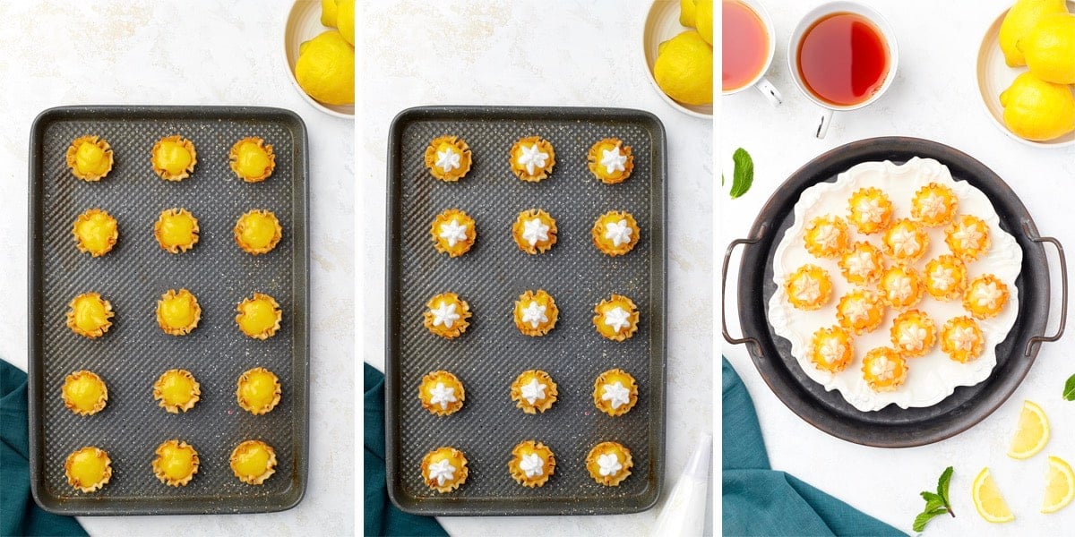 Collage of images showing the final steps to make mini lemon meringue pies