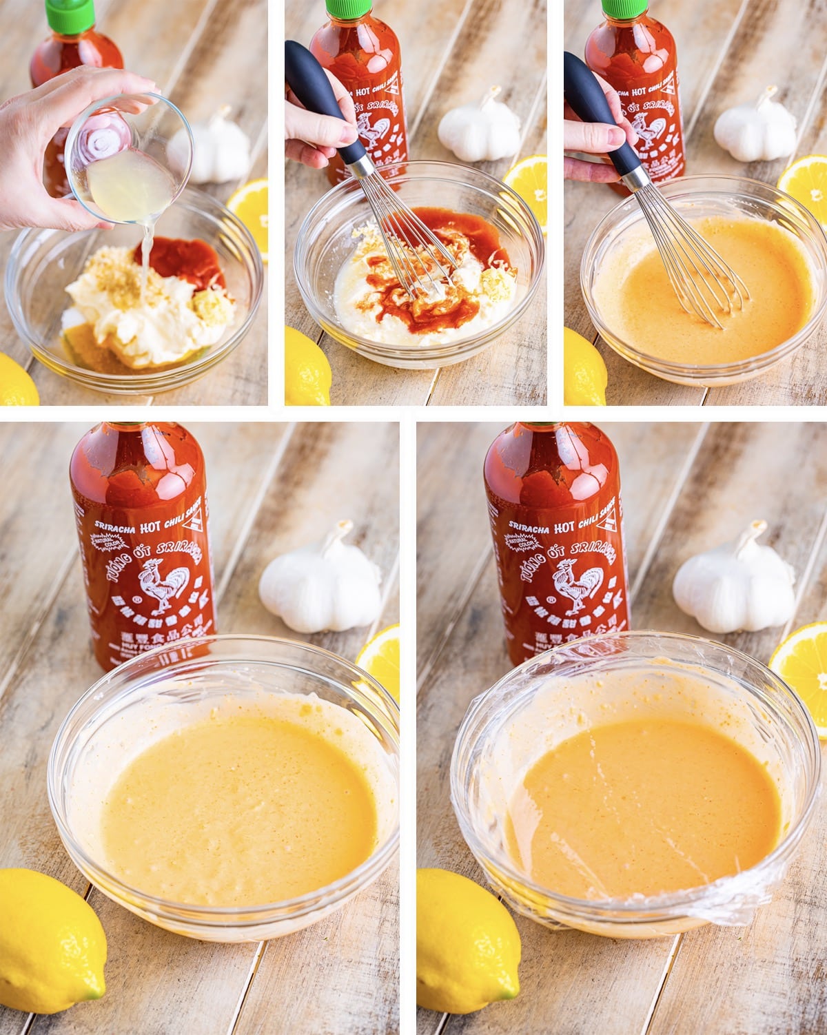 Collage of images showing how to make this sriracha mayo recipe