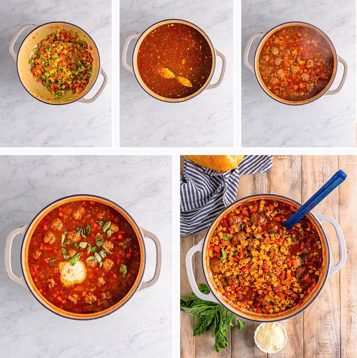 collage of images showing the final steps for making meatball soup recipe