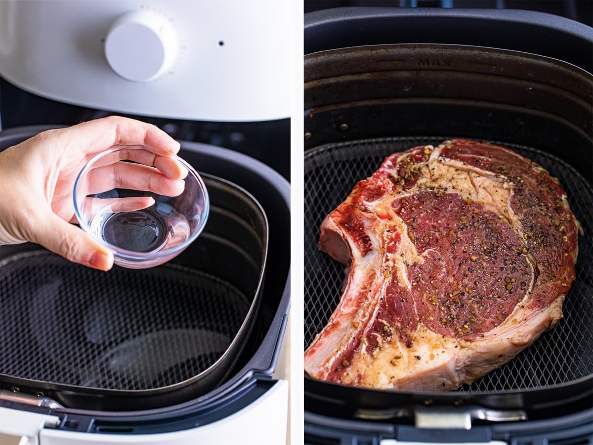 collage of images showing the first steps on cooking air fryer ribeye steak