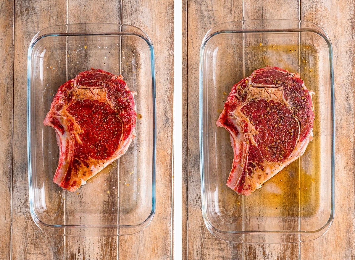 collage of images showing the marinade with air fryer ribeye steak