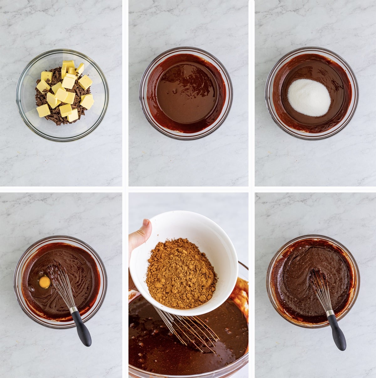 collage of images showing how to make the batter for flourless chocolate cake recipe
