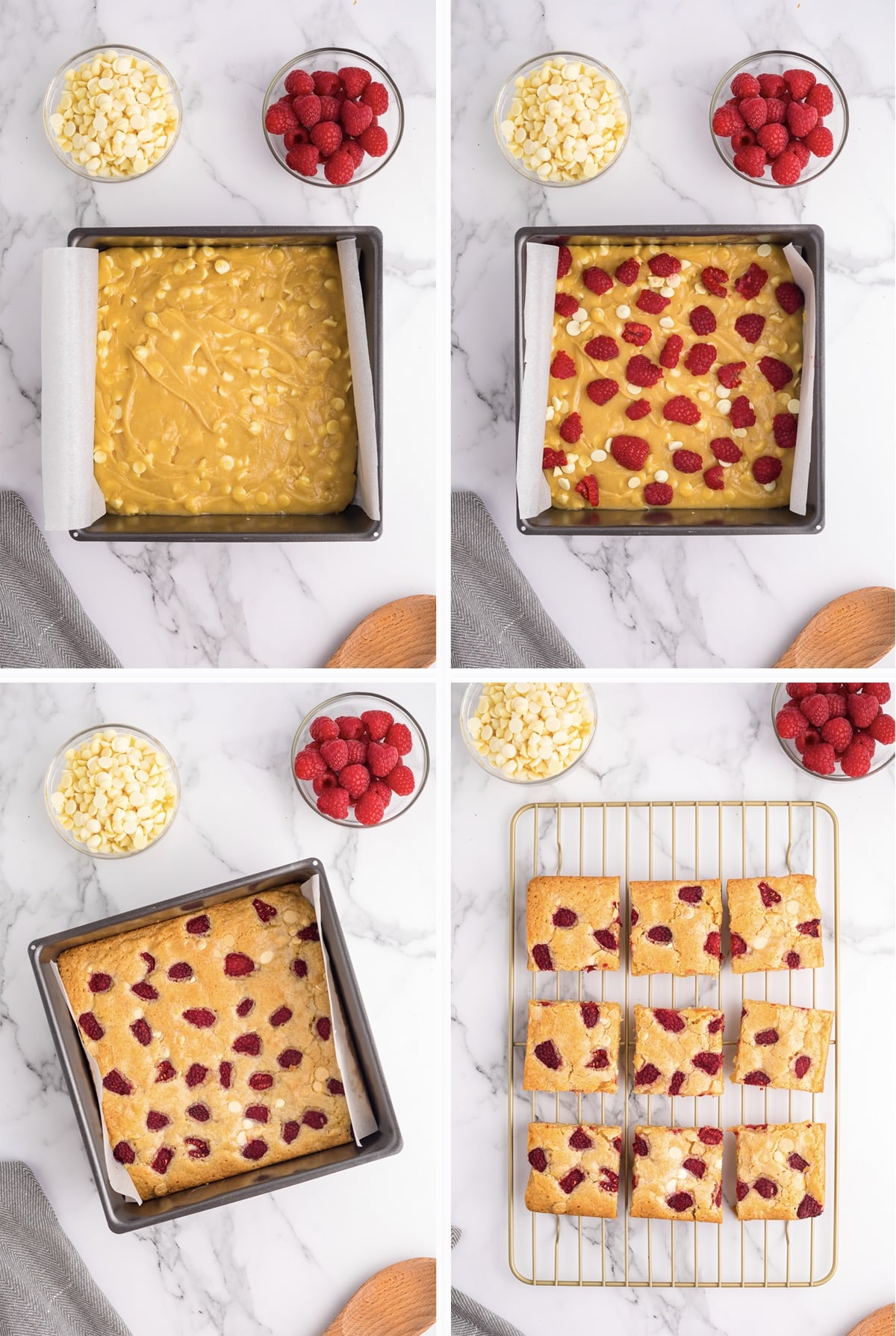 collage of images showing how to bake white chocolate blondies