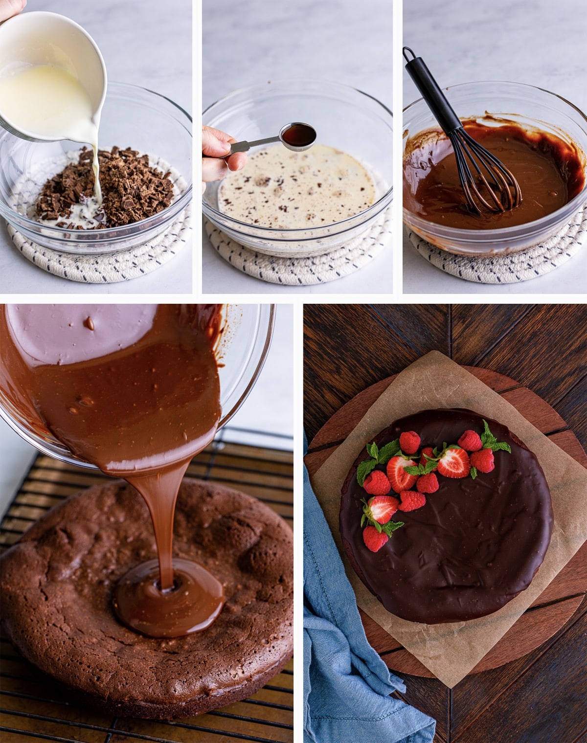 collage of images showing how to make the ganache for flourless chocolate cake recipe