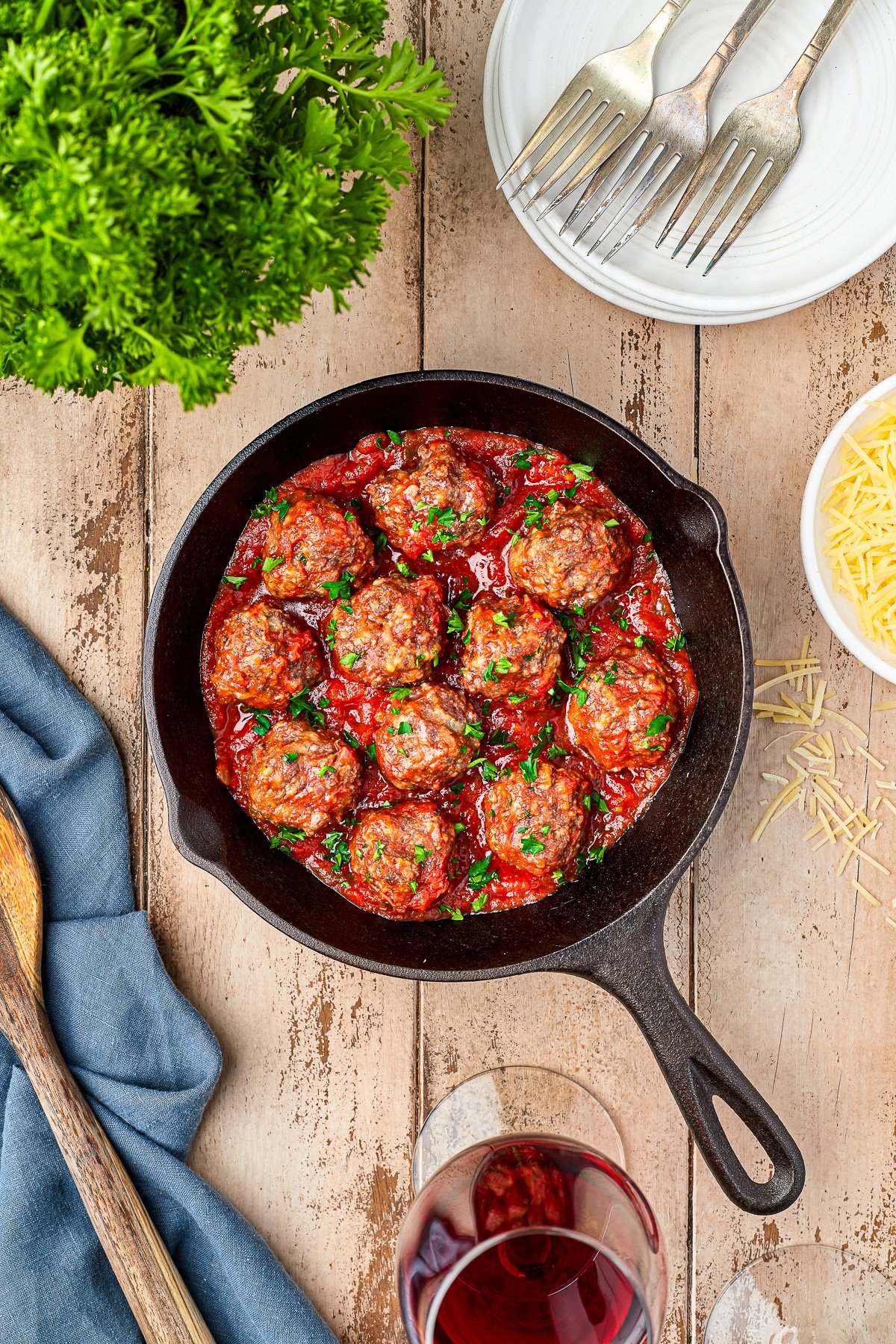 baked meatballs in sauce in a skillet