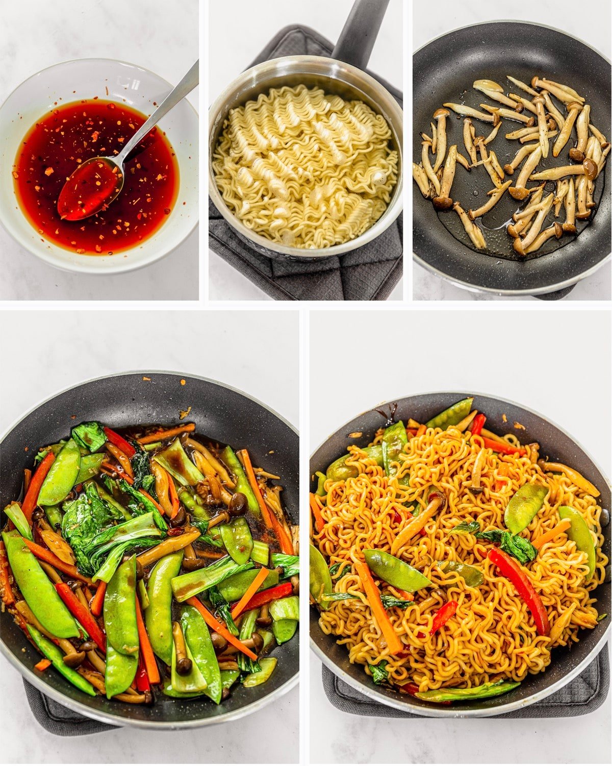 collage of images showing how to make chow mein with ramen