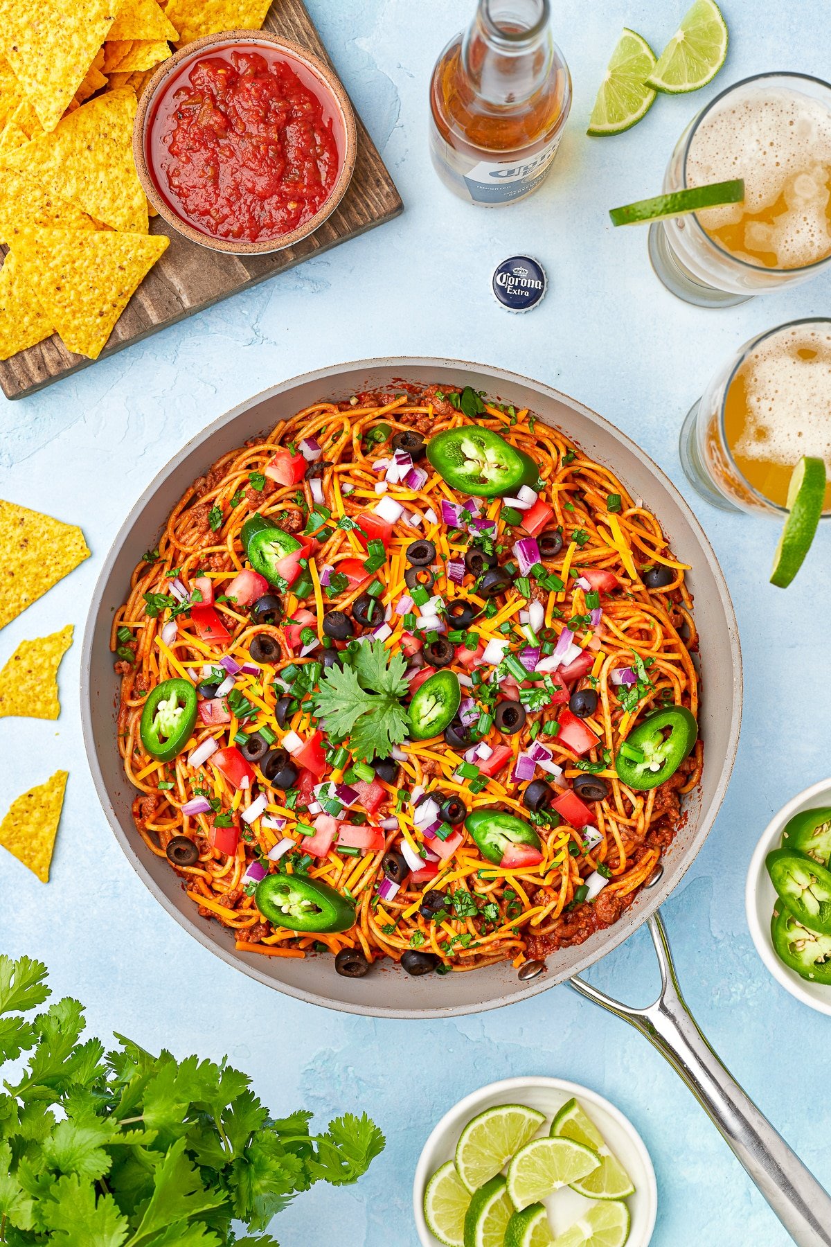 overhead image of mexican pasta recipe in a skillet