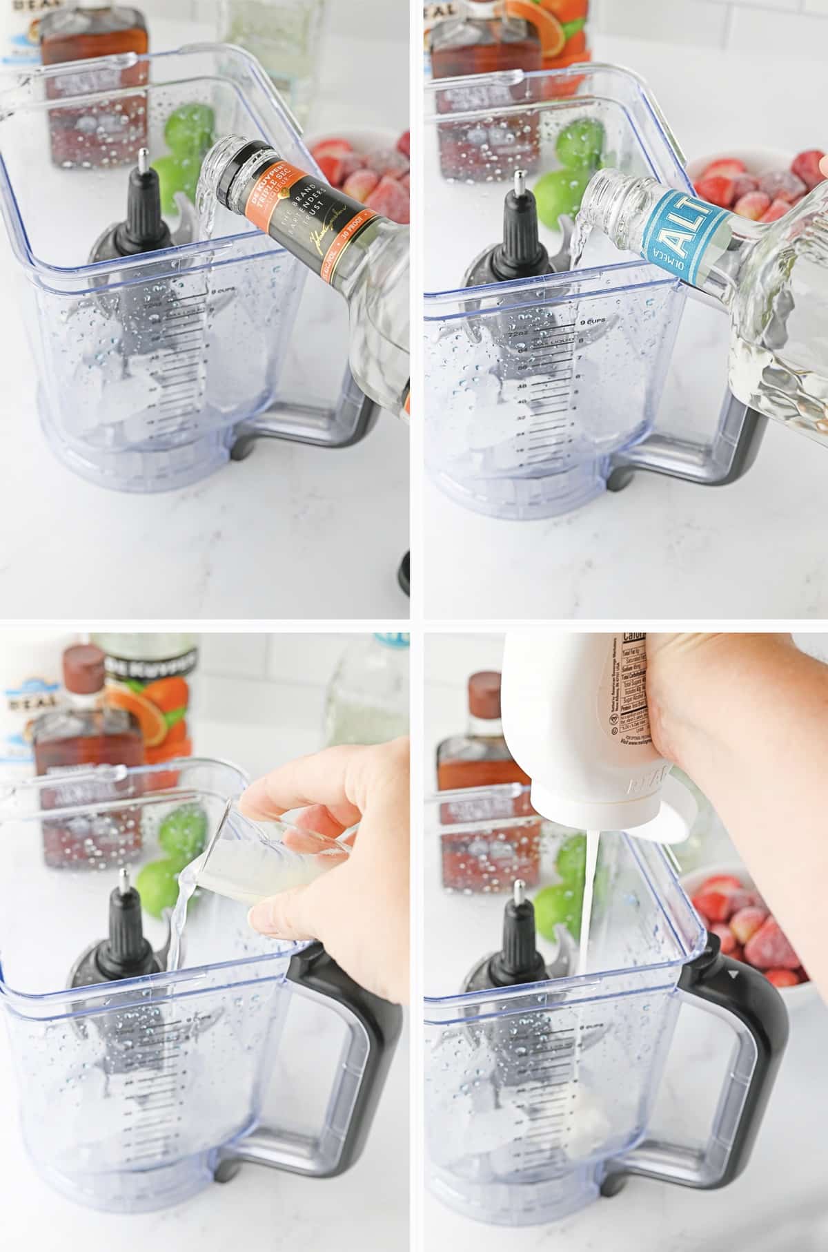 collage of images showing how to make the white layer for red white and blue cocktail