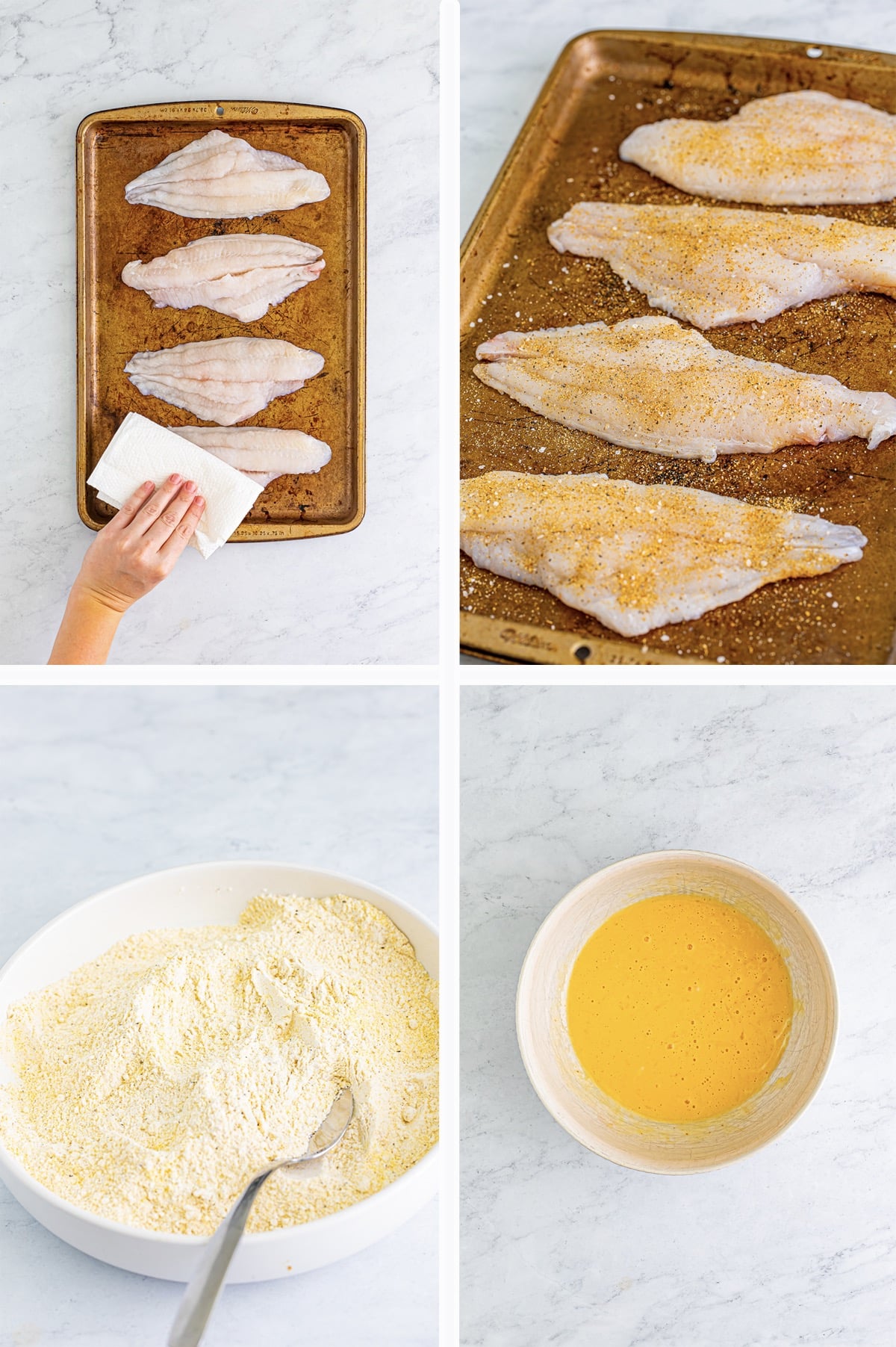 collage of photos showing the first steps on how to make fried catfish recipe