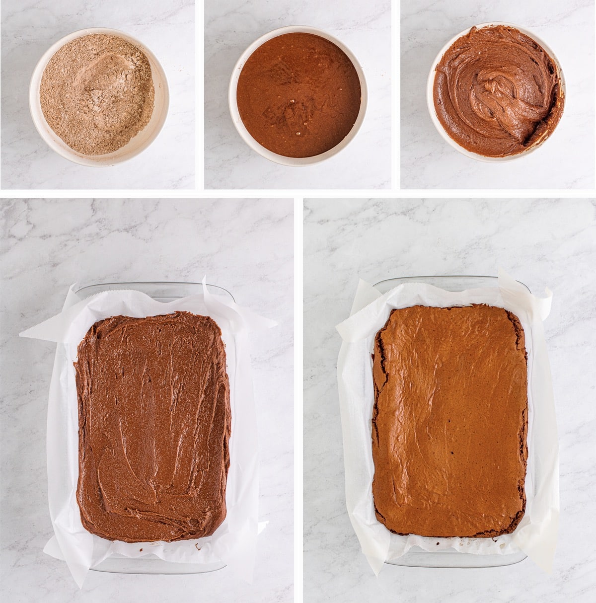 COLLAGE OF IMAGES SHOWING HOW TO MAKE THE BROWNIES AND BAKE THEM FOR BROWNIE WITH STRAWBERRY FROSTING