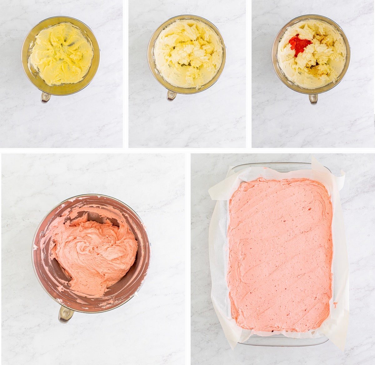 COLLAGE OF IMAGES SHOW HOW TO MAKE THE FROSTING FOR BROWNIE WITH STRAWBERRY FROSTING