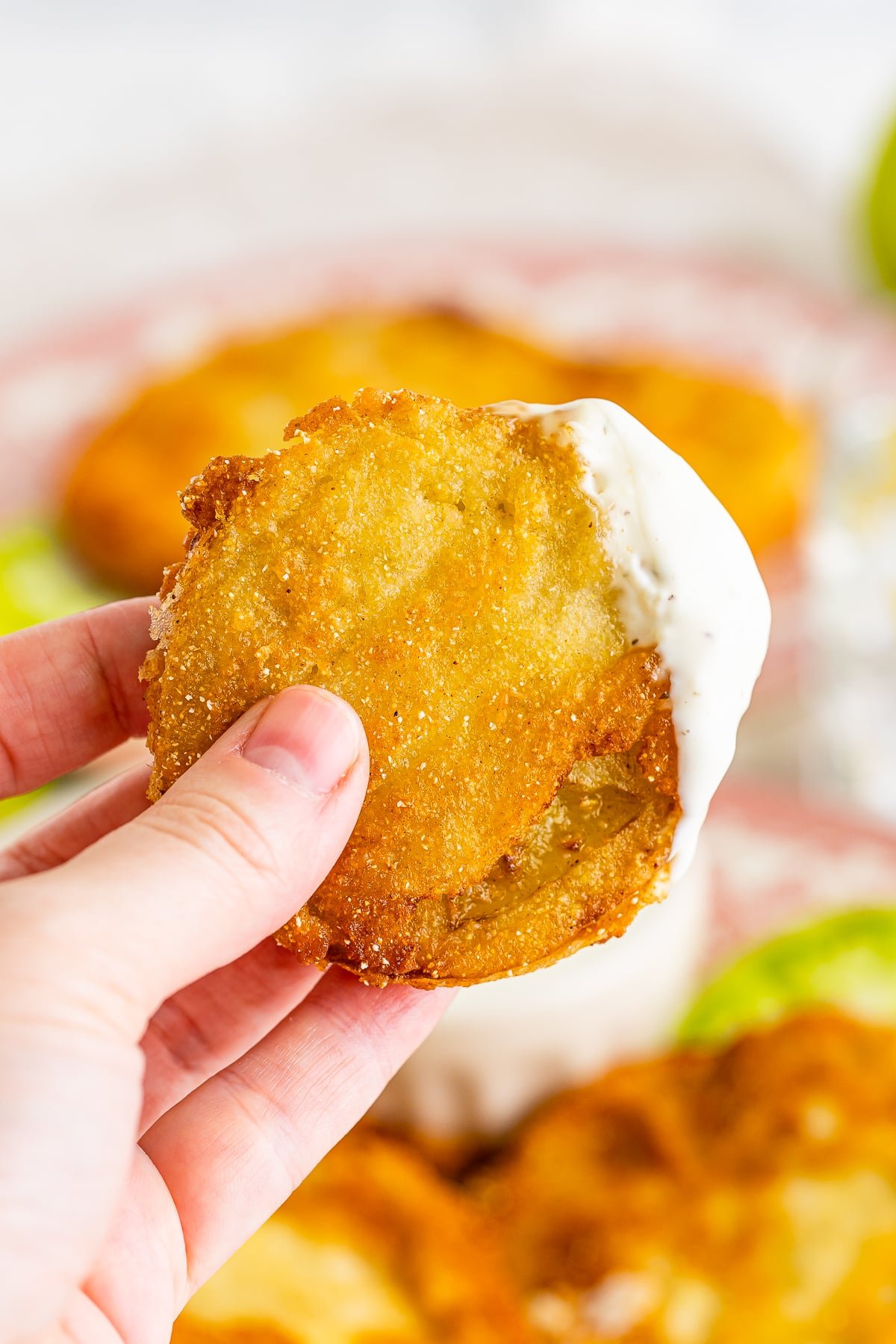 easy fried green tomatoes recipe being held up by a hand in air