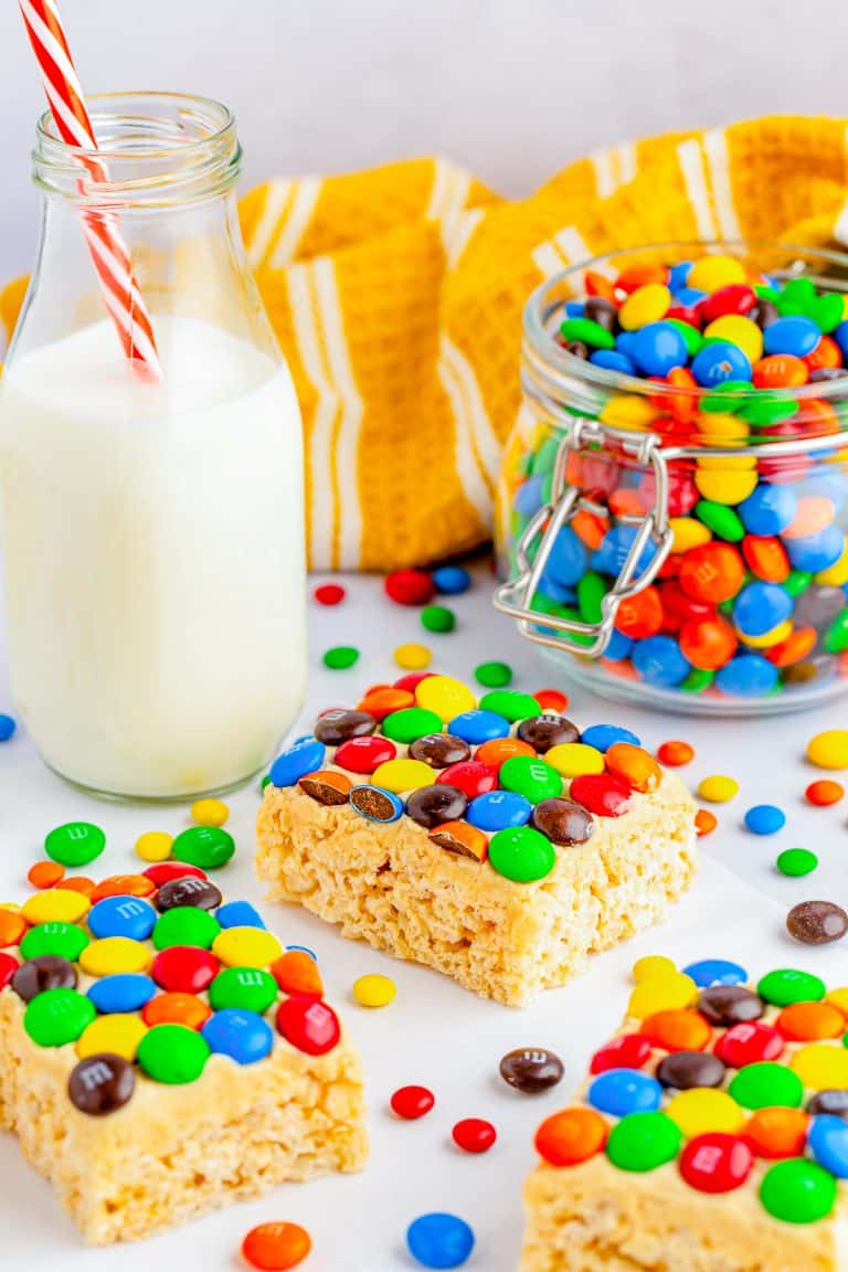 M&M Rice Krispie Treats with Peanut Butter Frosting