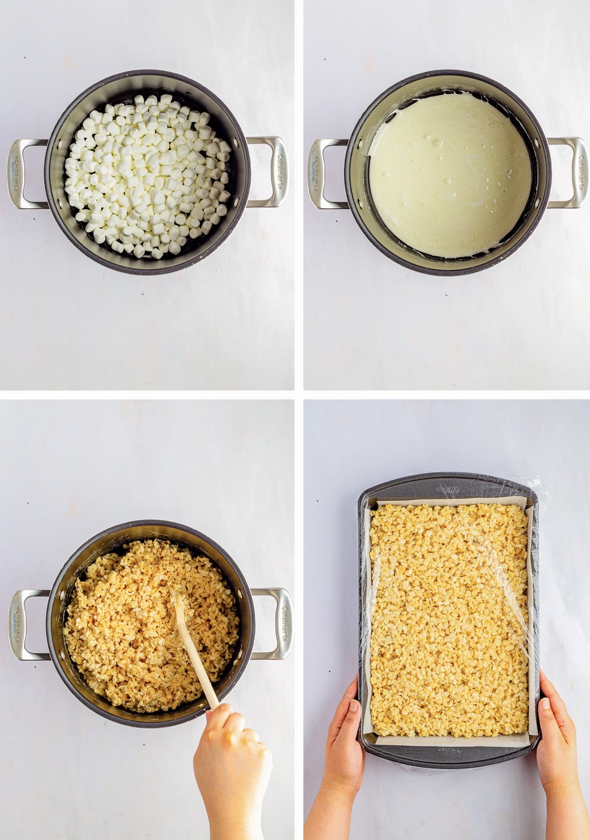 collage of images showing how to make the first layer for M&M rice krispie treats
