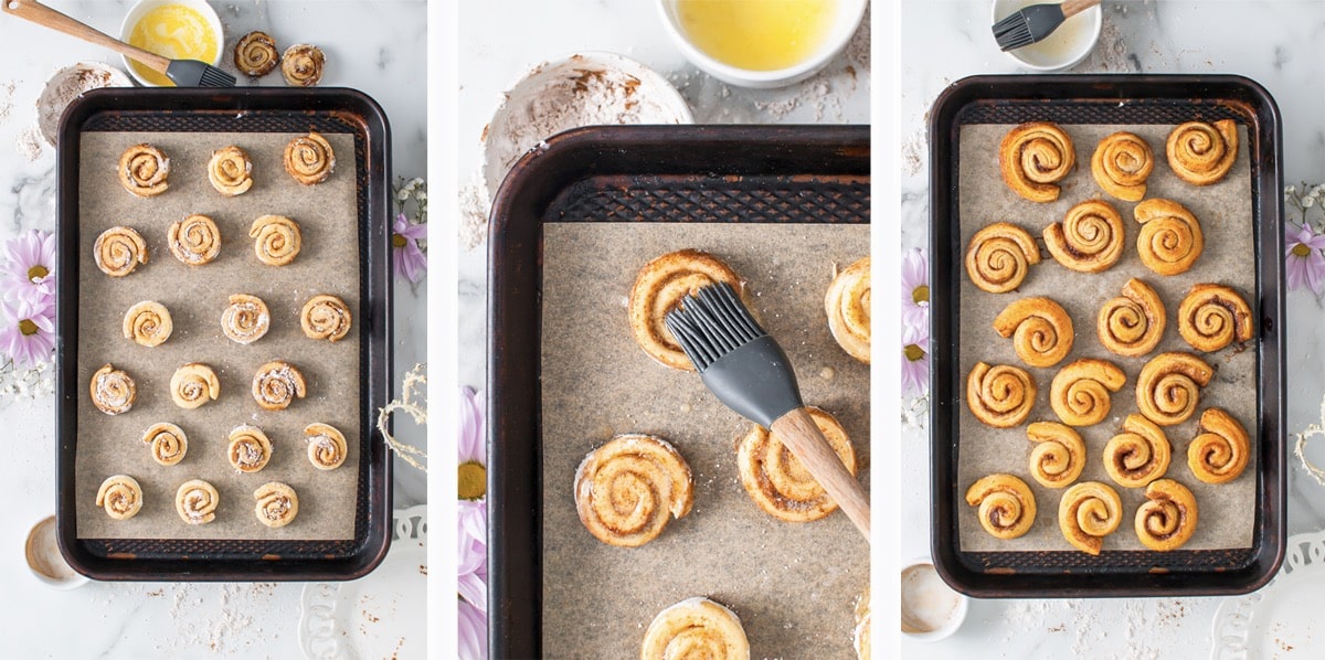 collage of images showing how to bake mini cinnamon rolls