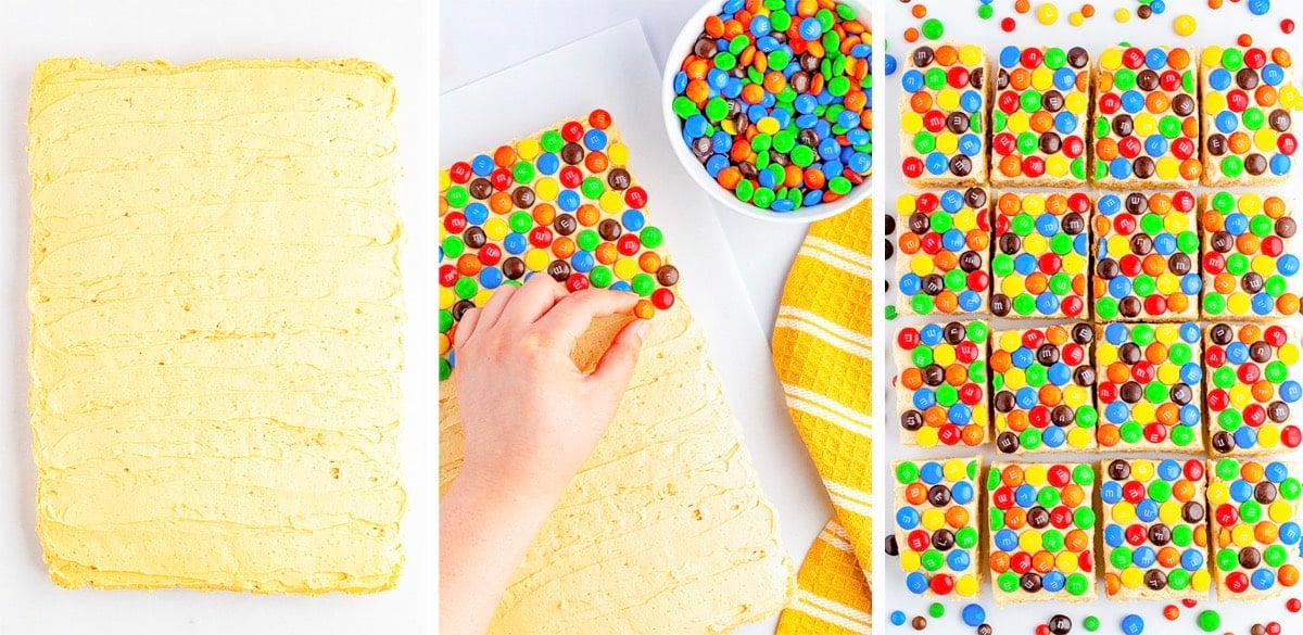 collage of images showing how to decorate M&M rice krispie treats