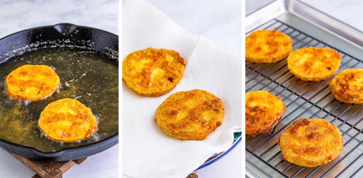 collage of images showing the final steps for making easy fried green tomatoes recipe