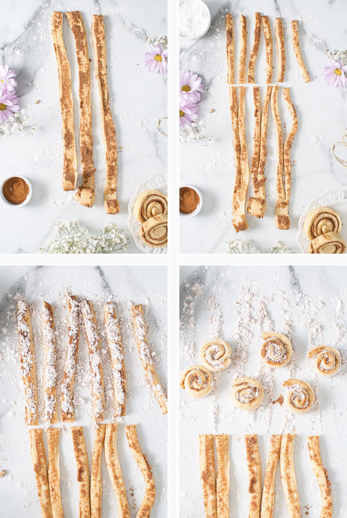 collage of images showing how to roll mini cinnamon rolls