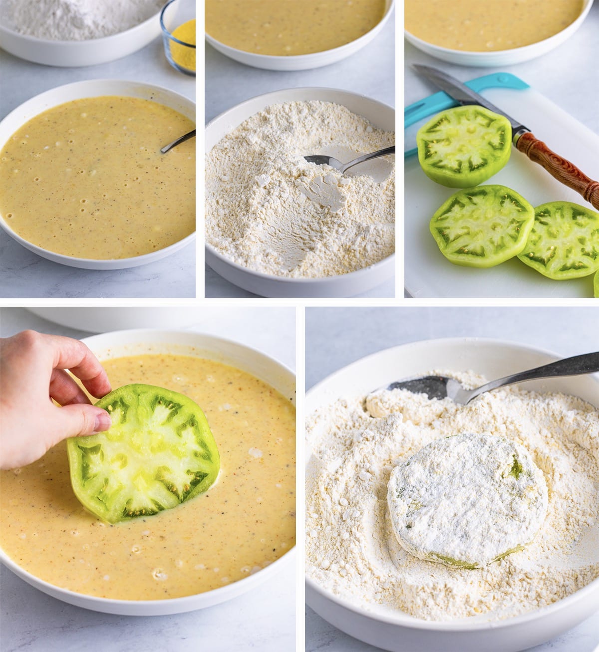 collage of images showing the first steps for easy fried green tomatoes recipe