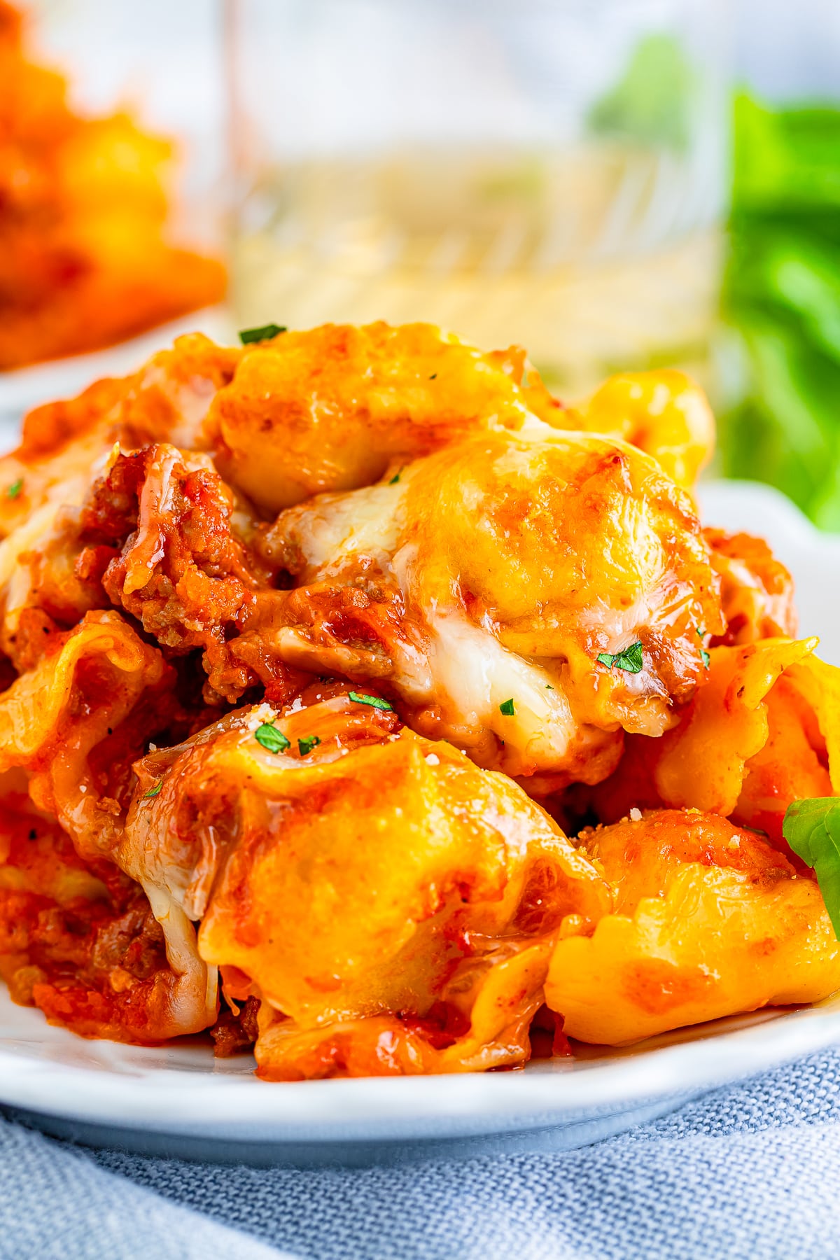 baked tortellini recipe on a white plate