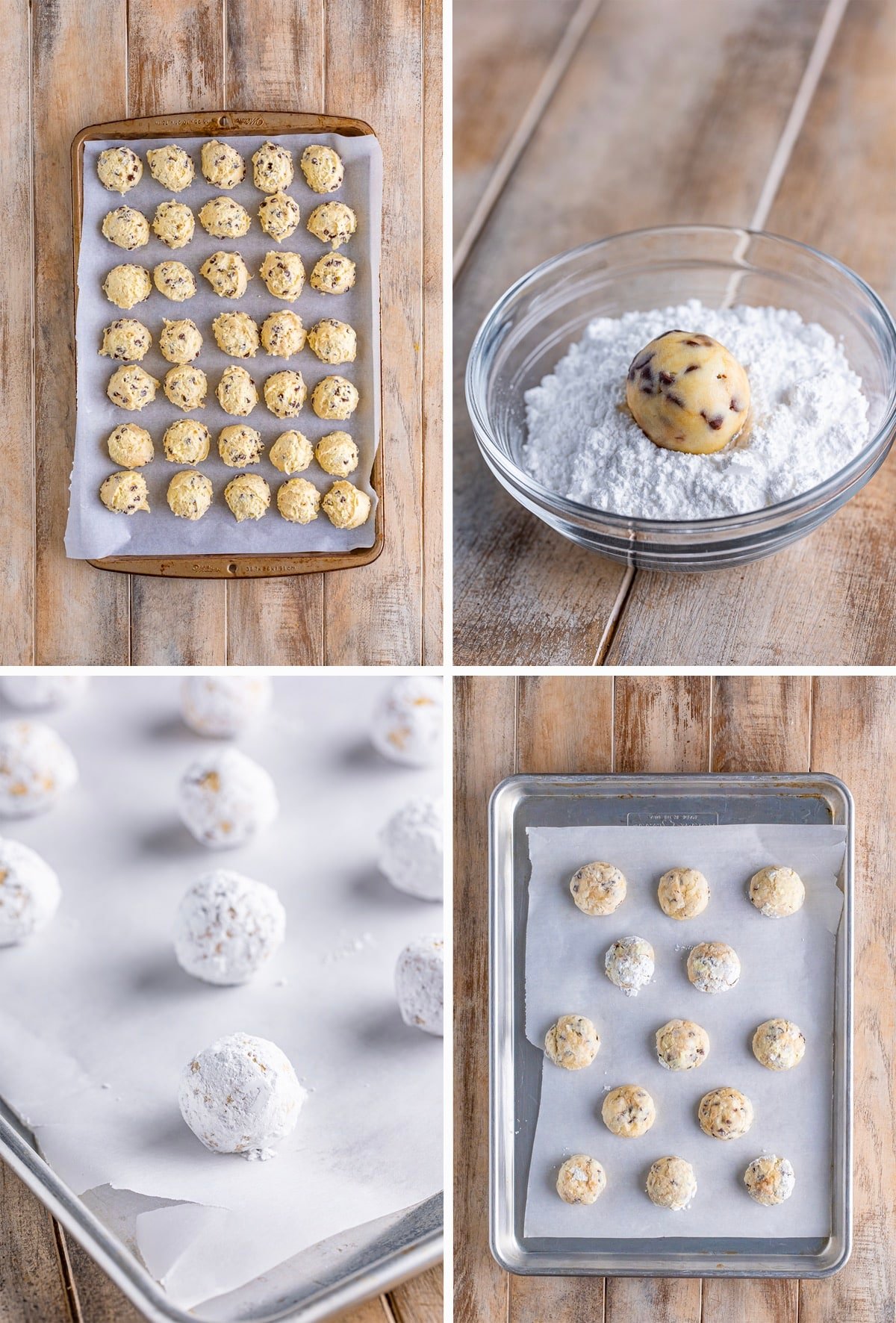 collage of images showing how to form chocolate chip cream cheese cookie