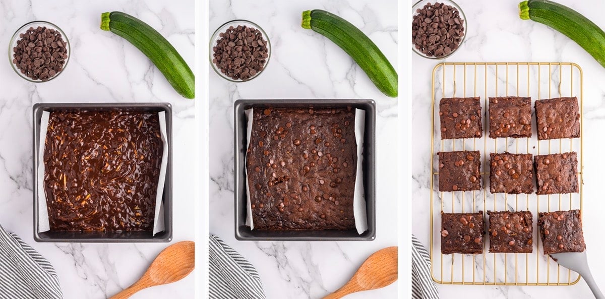 collage of images showing how to bake off zucchini bars