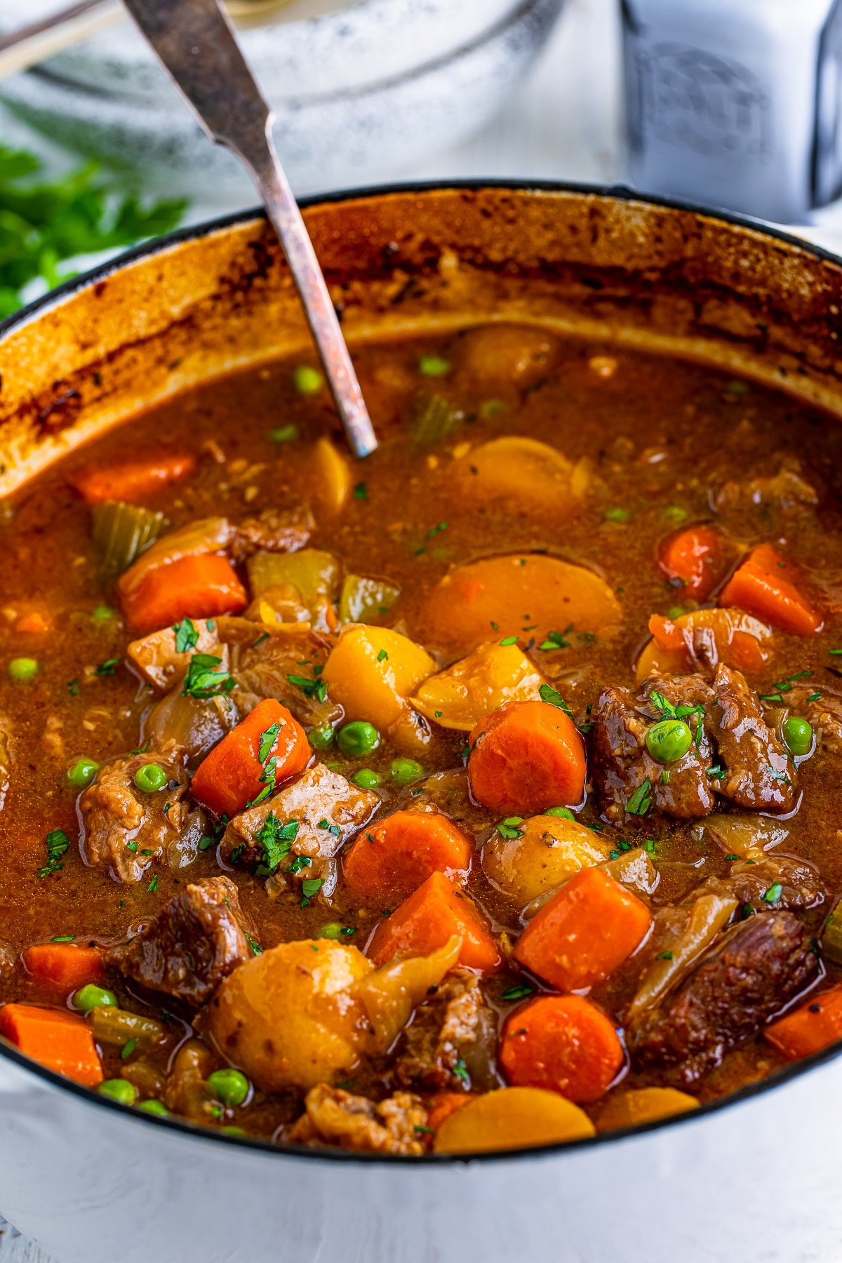 easy beef stew recipes in a white pot