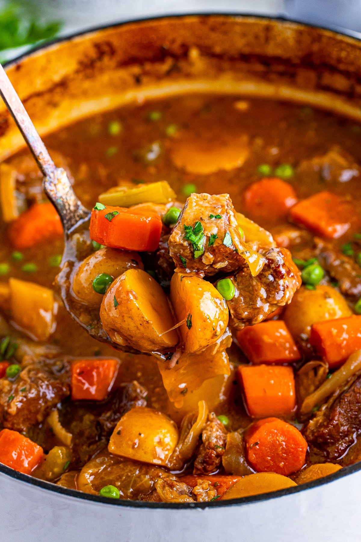 a ladle with easy beef stew recipes