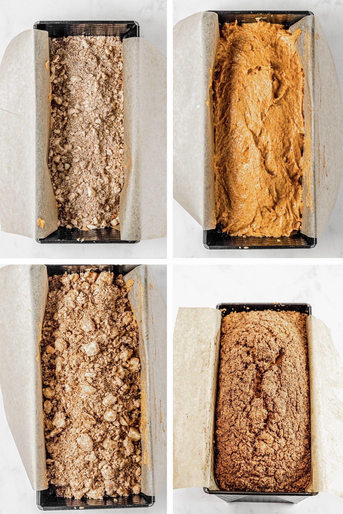 collage of images on how to assemble and bake pumpkin bread with streusel topping