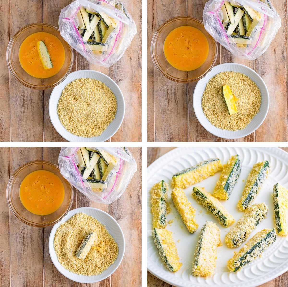collage of images showing how to bread air fryer zucchini fries