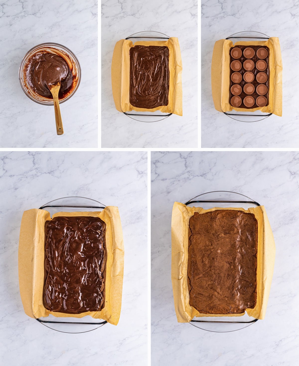 how to make the brownies for chocolate peanut butter brownies in a collage of images