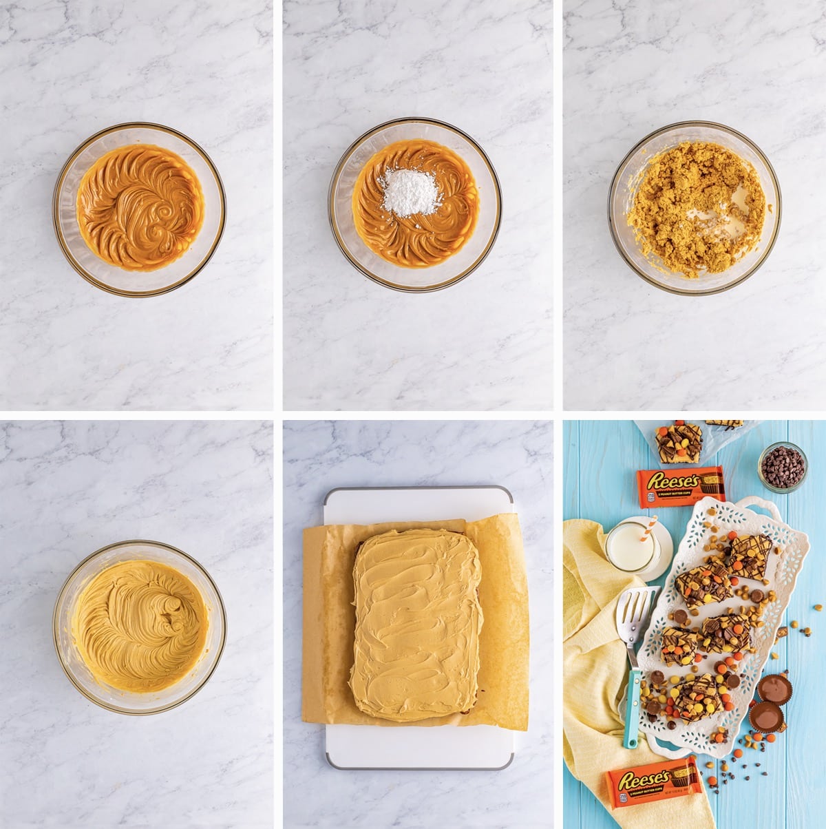 how to make the frosting for chocolate peanut butter brownies in a collage of images