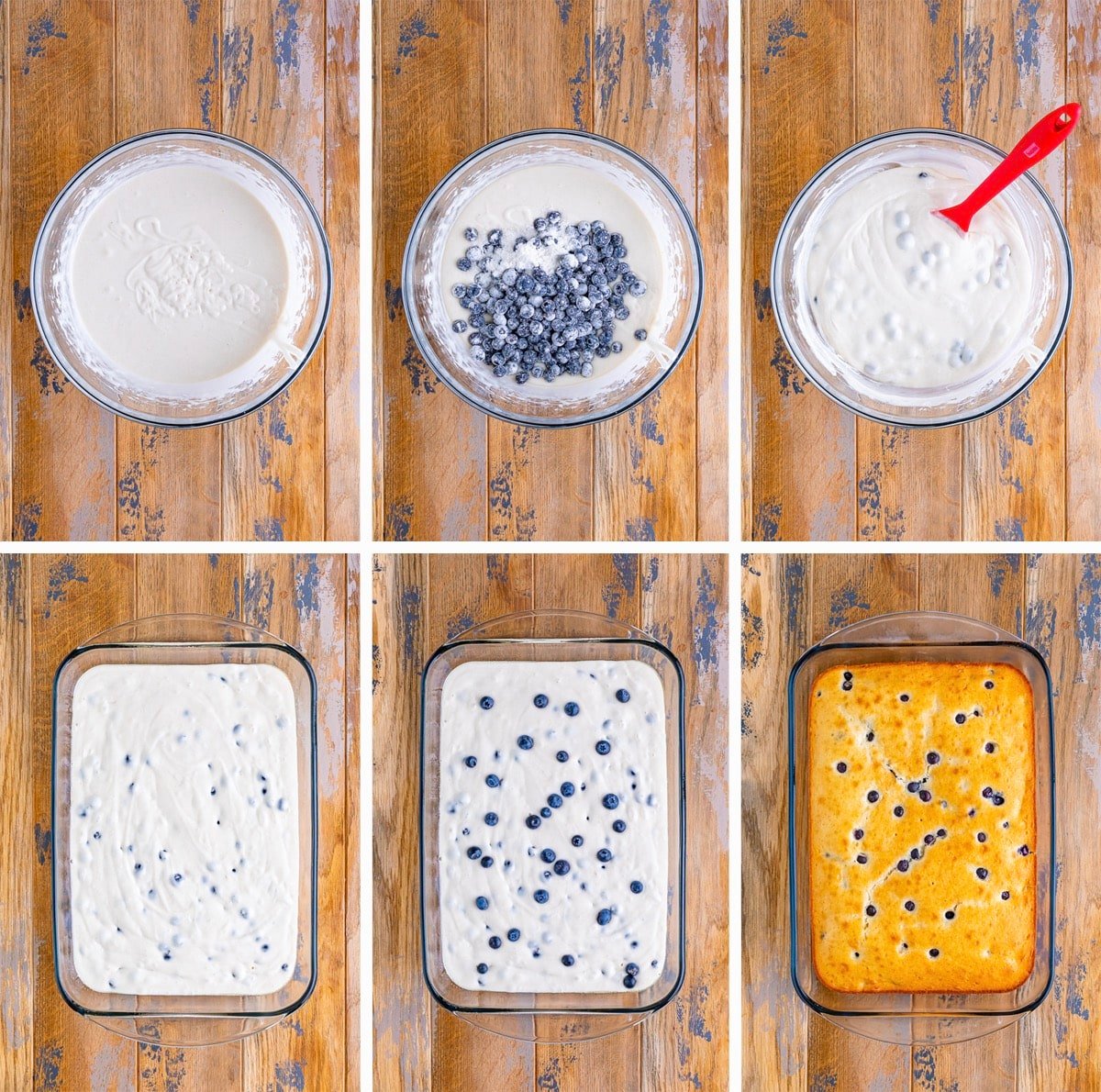 COLLAGE OF IMAGES SHOWING HOW TO MAKE THE CAKE FOR LEMON POKE CAKE