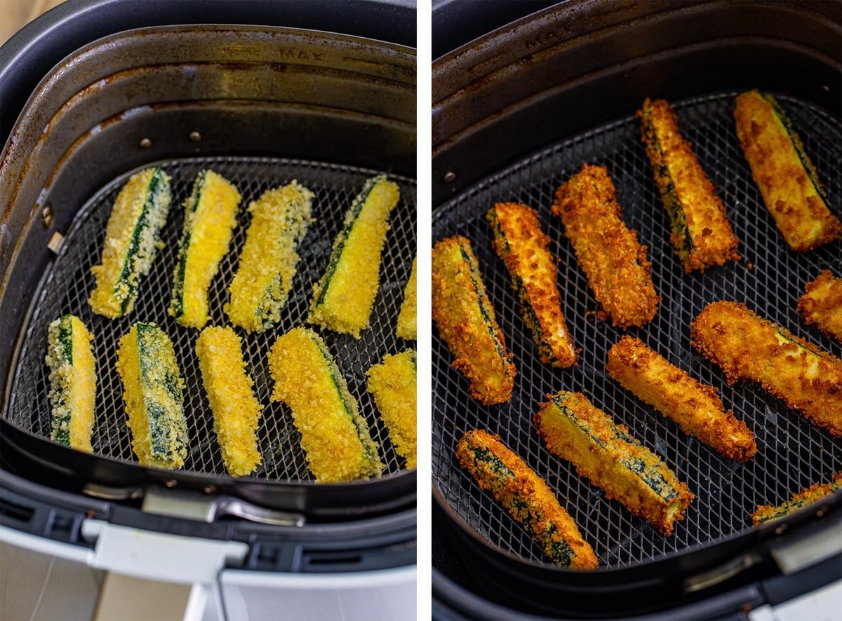 collage of images showing finished air fryer zucchini fries