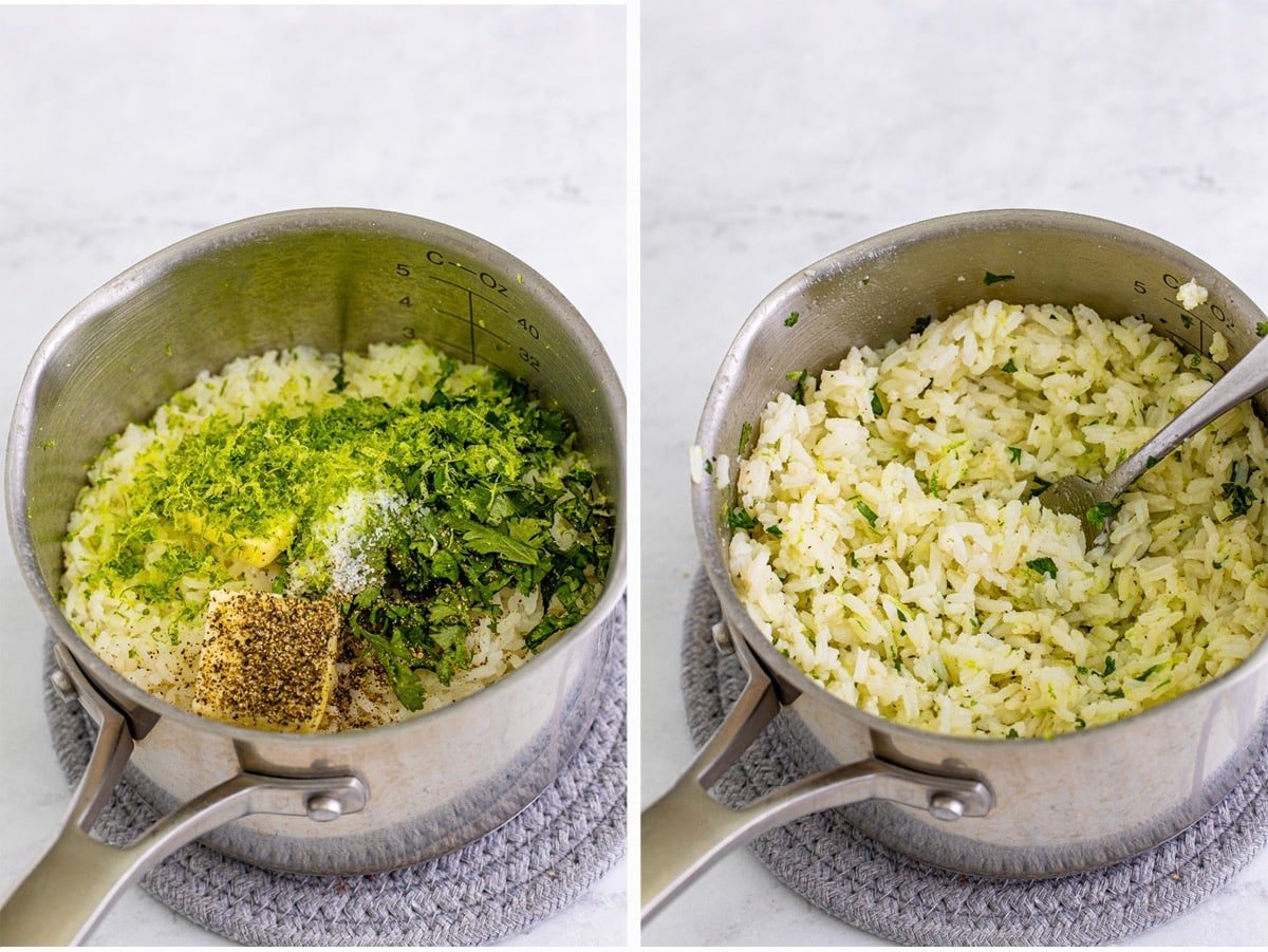 collage of images showing how to make cilantro lime rice for chipotle bowl