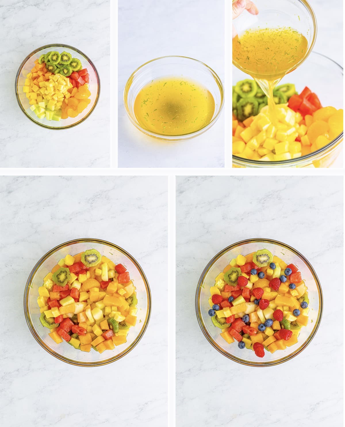 collage of images showing how to make tropical fruit salad