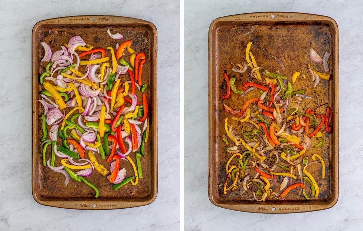 collage of images showing how to make fajita veggies for chipotle bowl